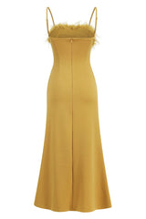 Sexy Feather Trim Square Neck Spaghetti Strap Fishtail Cocktail Midi Dress - Yellow