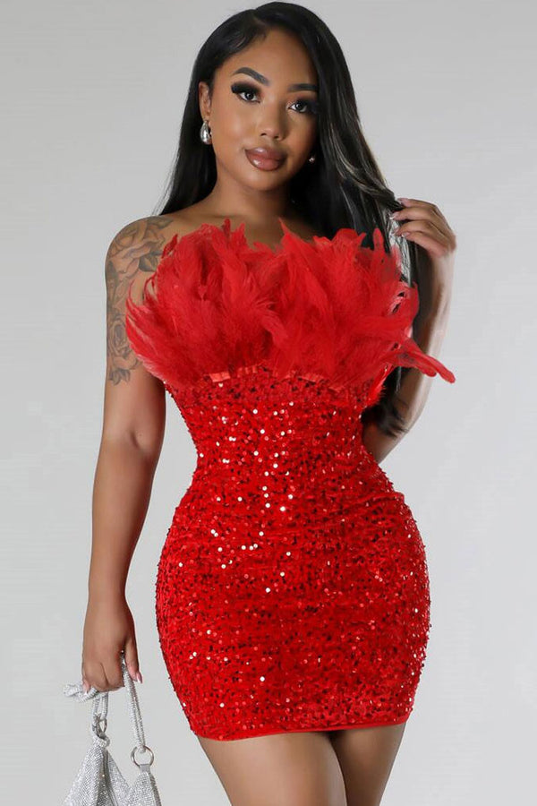 Sexy Feather Trim Strapless Bodycon Velvet Sequin Party Mini Dress - Red