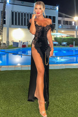 Sexy Feathery Off Shoulder Lace Bustier Thigh Split Velvet Evening Maxi Dress - Black