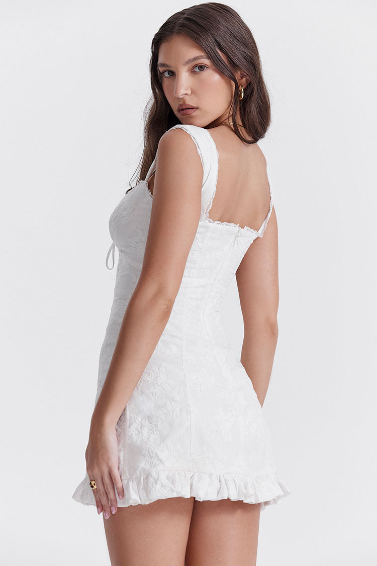 Sexy Floral Embroidered Lace Sweetheart Ruffle Bodycon Summer Mini Sundress - White