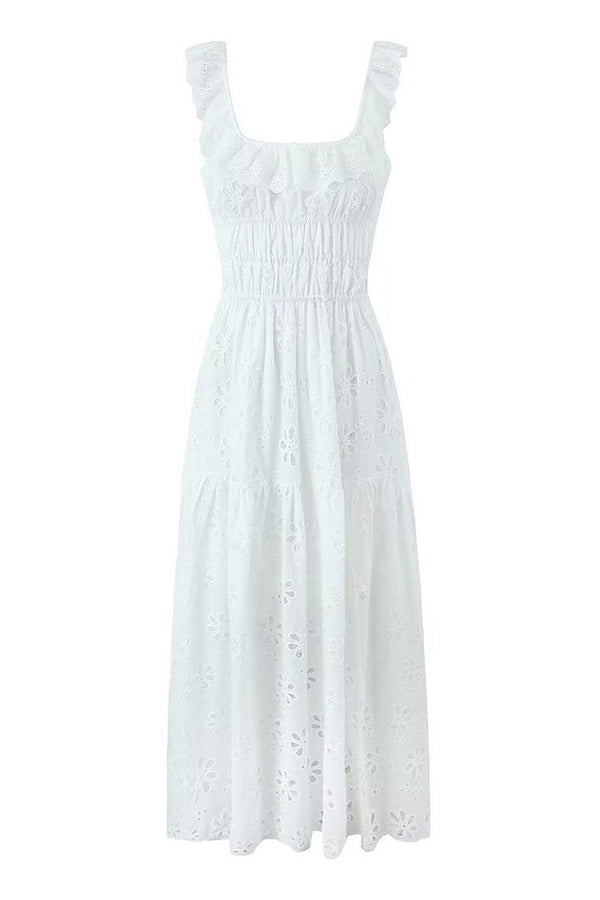 Sexy Floral Embroidered Ruffle Cutout Back Smocked Summer Maxi Sundress