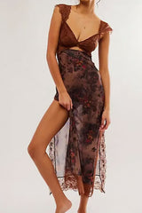 Sexy Floral Print Scalloped Lace Cap Sleeve Cutout Summer Slip Midi Dress