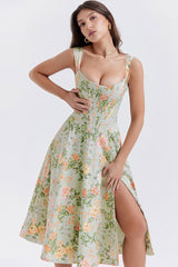 Sexy Floral Printed Lace Up Back High Split Corset Mini Sundress - Green