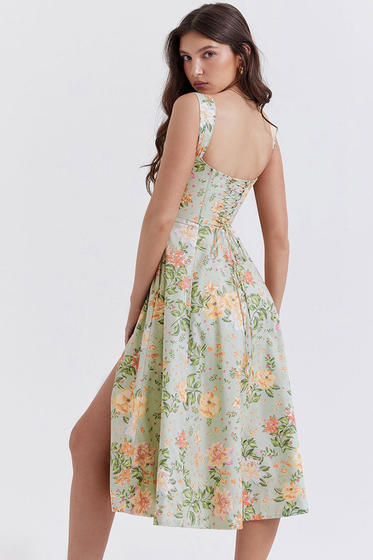 Sexy Floral Printed Lace Up Back High Split Corset Mini Sundress - Green