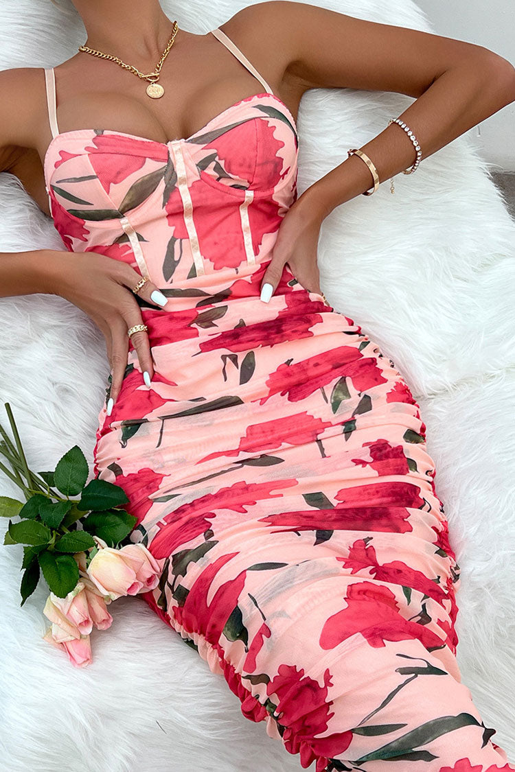 Sexy Floral Printed Mesh Ruched Bodycon Cocktail Party Midi Dress - Pink