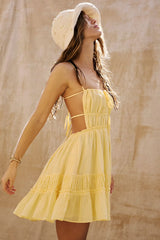 Sexy Gathered Drawstring Bow Tie Back Ruffle Tiered Summer Mini Sundress