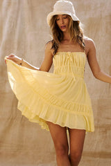 Sexy Gathered Drawstring Bow Tie Back Ruffle Tiered Summer Mini Sundress