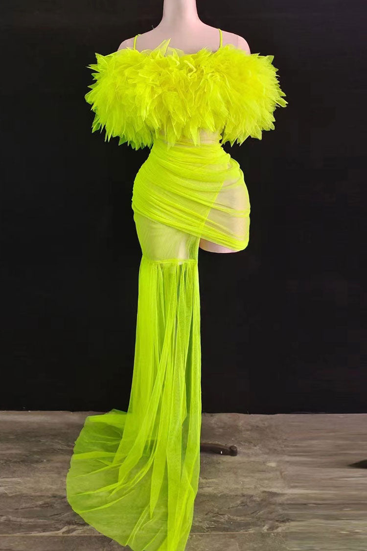 Sexy Gloved Ruffle Off Shoulder Draped Sheer Ruched Mesh Mini Dress - Neon Yellow