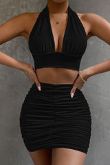 Sexy Halter Crop Top Ruched High Waist Two Piece Club Mini Dress - Black