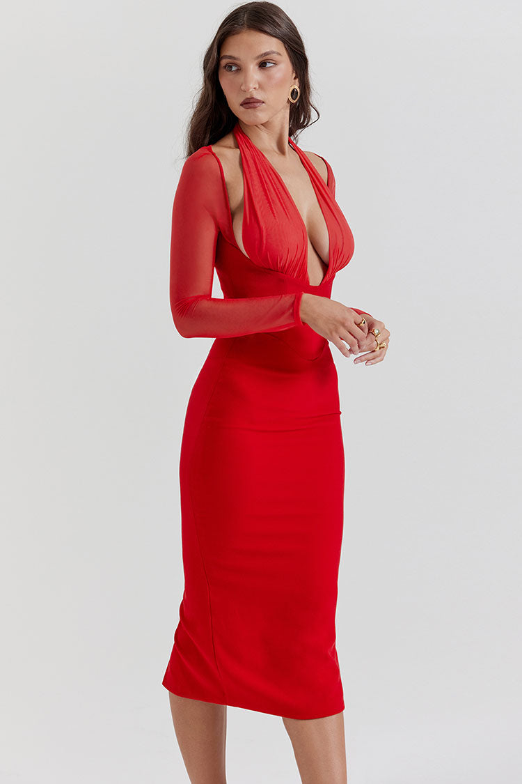 Sexy Halter Deep V Cold Shoulder Long Sleeve Bodycon Cocktail Party Midi Dress - Red