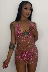 Sexy Halter Neck Backless Velvet Sheer Mesh Rhinestone Club Mini Dress - Rose