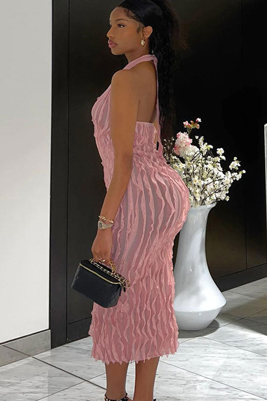 Sexy Halter Neck Semi Sheer Ruffle Sleeveless Beach Vacation Midi Dress - Pink