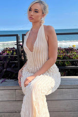 Sexy Halter Neck Semi Sheer Ruffle Sleeveless Beach Vacation Midi Dress - White