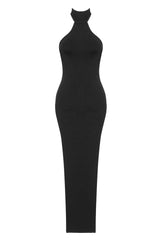 Sexy Halter Neck Side Boob Bandage Thigh Split Evening Maxi Dress - Black