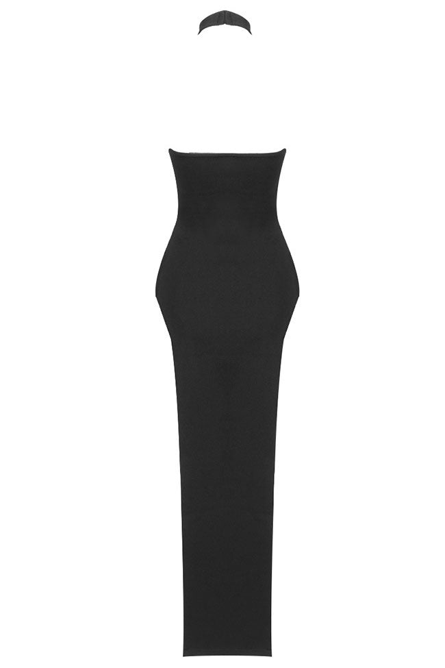 Sexy Halter Neck Side Boob Bandage Thigh Split Evening Maxi Dress - Black
