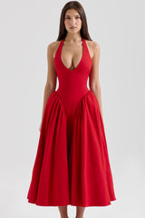Sexy Halter Open Back Drop Waist Tulle Trim Fit & Flare Cocktail Midi Dress