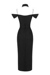 Sexy Halter V Neck Cutout Shoulder Bandage Split Cocktail Midi Dress - Black