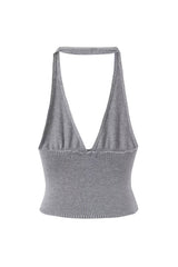 Sexy Halter V Neck Open Back Button Up Sleeveless Ribbed Crop Knit Top