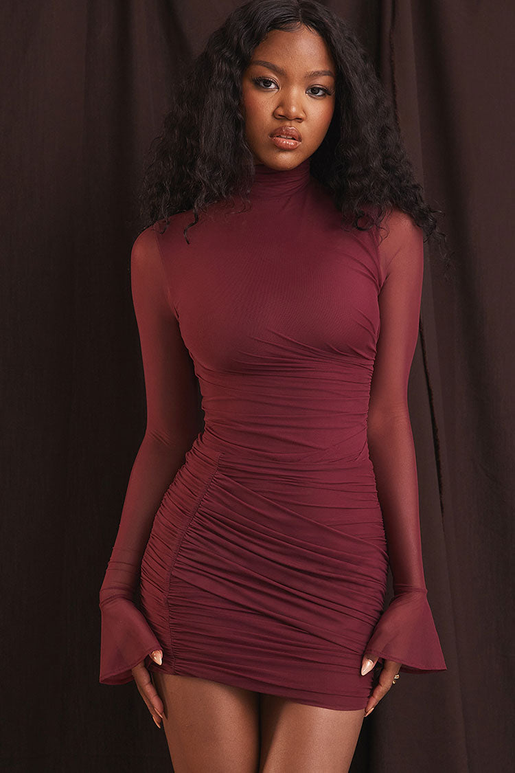 Sexy High Neck Sheer Mesh Long Sleeve Ruched Bodycon Party Mini Dress - Burgundy