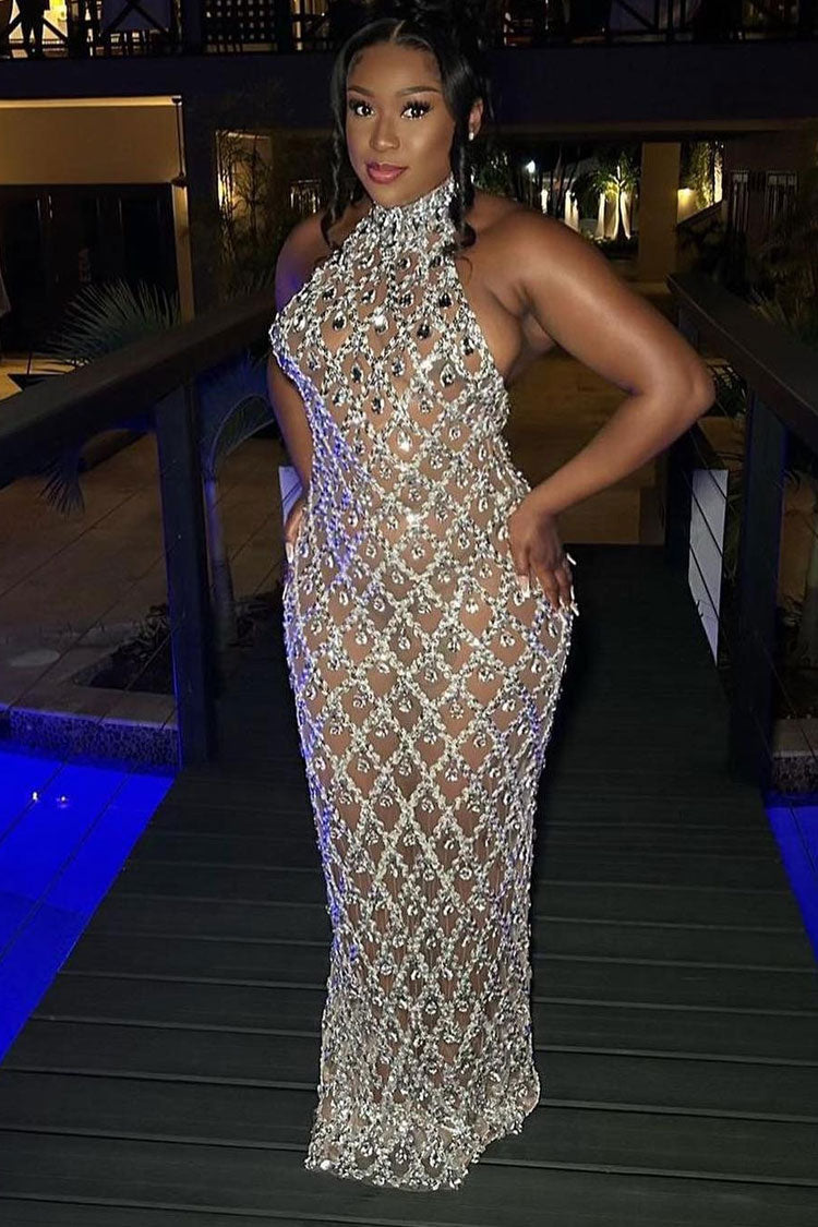 Sexy High Neck Sleeveless Sheer Mesh Rhinestone Sequin Evening Maxi Dress - Silver