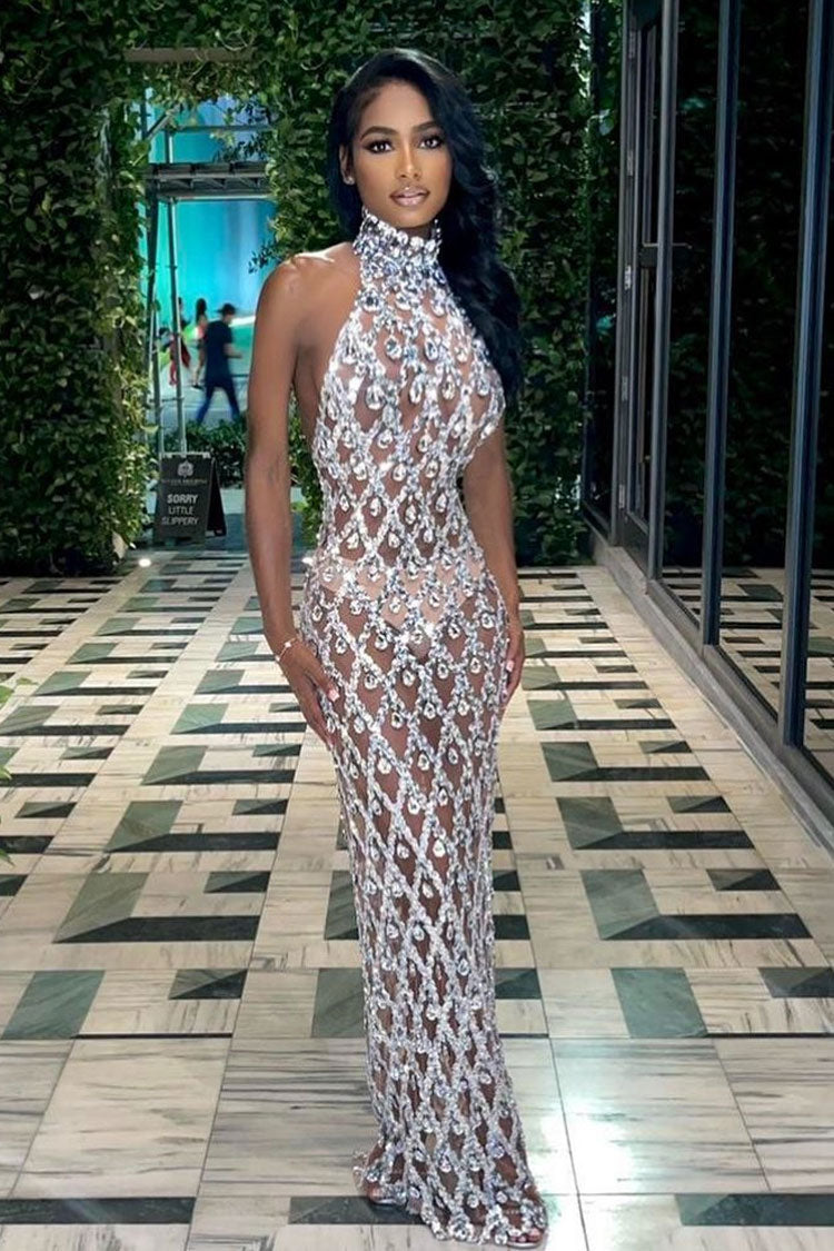 Sexy High Neck Sleeveless Sheer Mesh Rhinestone Sequin Evening Maxi Dr ...