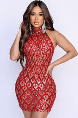 Sexy High Neck Sleeveless Sheer Mesh Rhinestone Sequin Party Mini Dress - Red