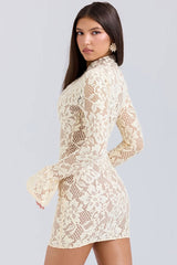 Sexy Keyhole Cutout Mock Neck Bell Sleeve Lace Bodycon Party Mini Dress