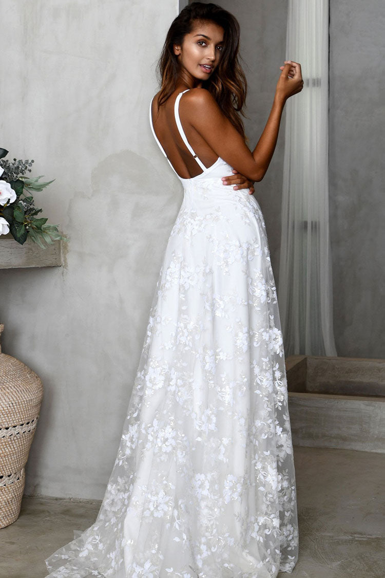 Short Sleeve High Neckline Sequin Lace Wedding Dress With High Slit