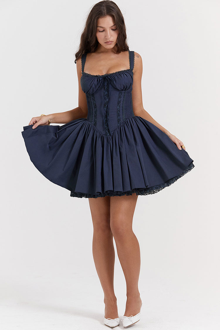 Sexy Lace Square Neck Tie Front Lace Up Back Drop Waist Mini Sundress - Navy