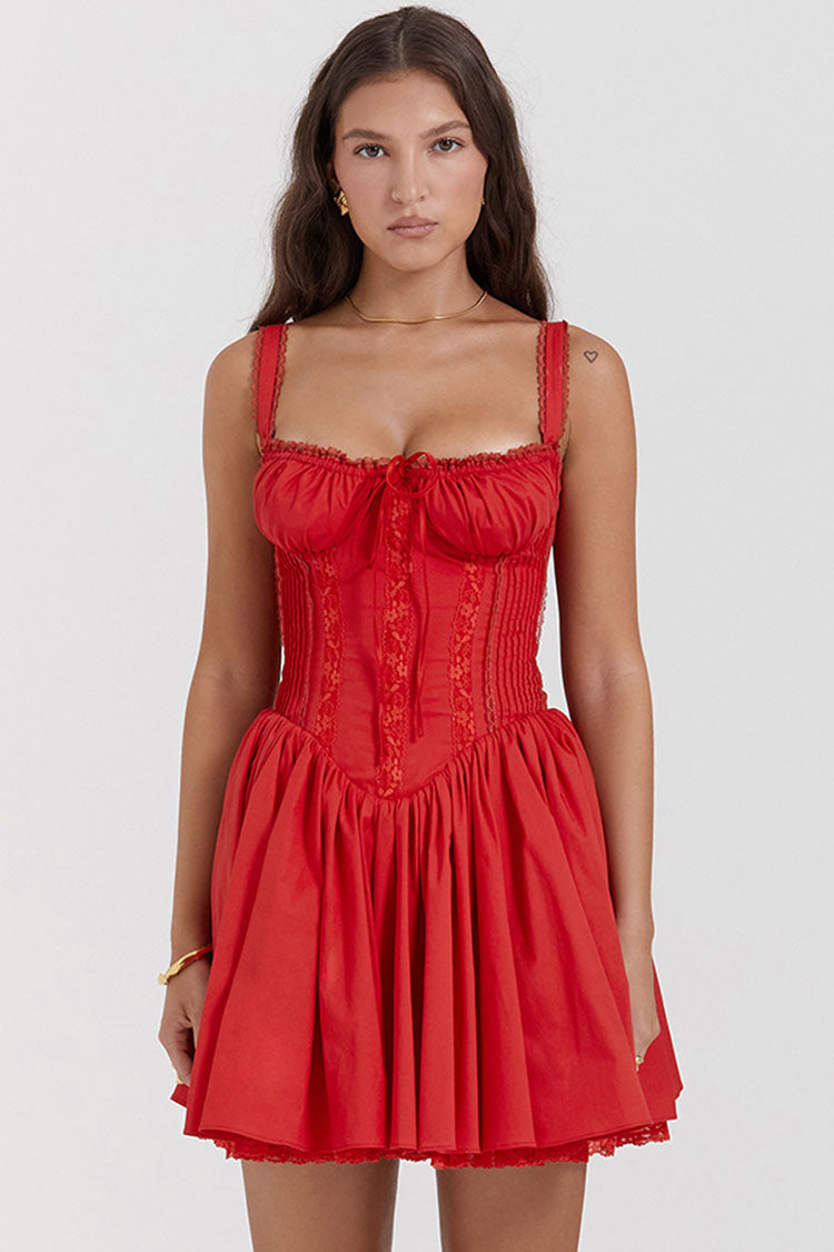 Sexy Lace Square Neck Tie Front Lace Up Back Drop Waist Mini Sundress - Red