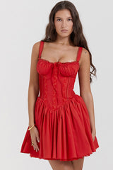 Sexy Lace Square Neck Tie Front Lace Up Back Drop Waist Mini Sundress - Red