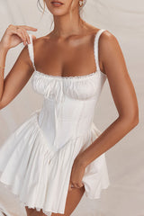 Sexy Lace Square Neck Tie Front Lace Up Back Drop Waist Mini Sundress - White