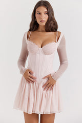 Sexy Lace Sweetheart Long Sleeve Drop Waist Corset Party Mini Dress - Pink