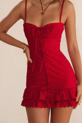Sexy Lace Trim Sweetheart Neck Button Trim Fitted Slip Mini Sundress - Red
