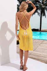 Sexy Lace Up Backless Wavy Crochet Knit Beach Vacation Mini Sundress - Yellow