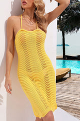 Sexy Lace Up Backless Wavy Crochet Knit Beach Vacation Mini Sundress - Yellow