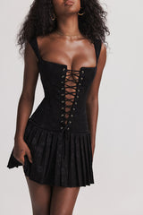 Sexy Lace Up Front Tie Sleeveless Corset Pleated Floral Party Mini Dress - Black