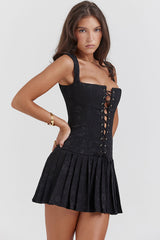 Sexy Lace Up Front Tie Sleeveless Corset Pleated Floral Party Mini Dress - Black