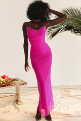 Sexy Lace V Neck Mesh Ruched Corset Cami Evening Maxi Dress - Hot Pink