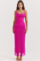 Sexy Lace V Neck Mesh Ruched Corset Cami Evening Maxi Dress - Hot Pink