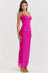 Sexy Lace V Neck Mesh Ruched Corset Cami Evening Maxi Dress - Hot Pink