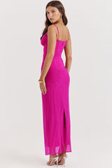 Sexy Lace V Neck Mesh Ruched Corset Cami Evening Maxi Dress - Hot Pink