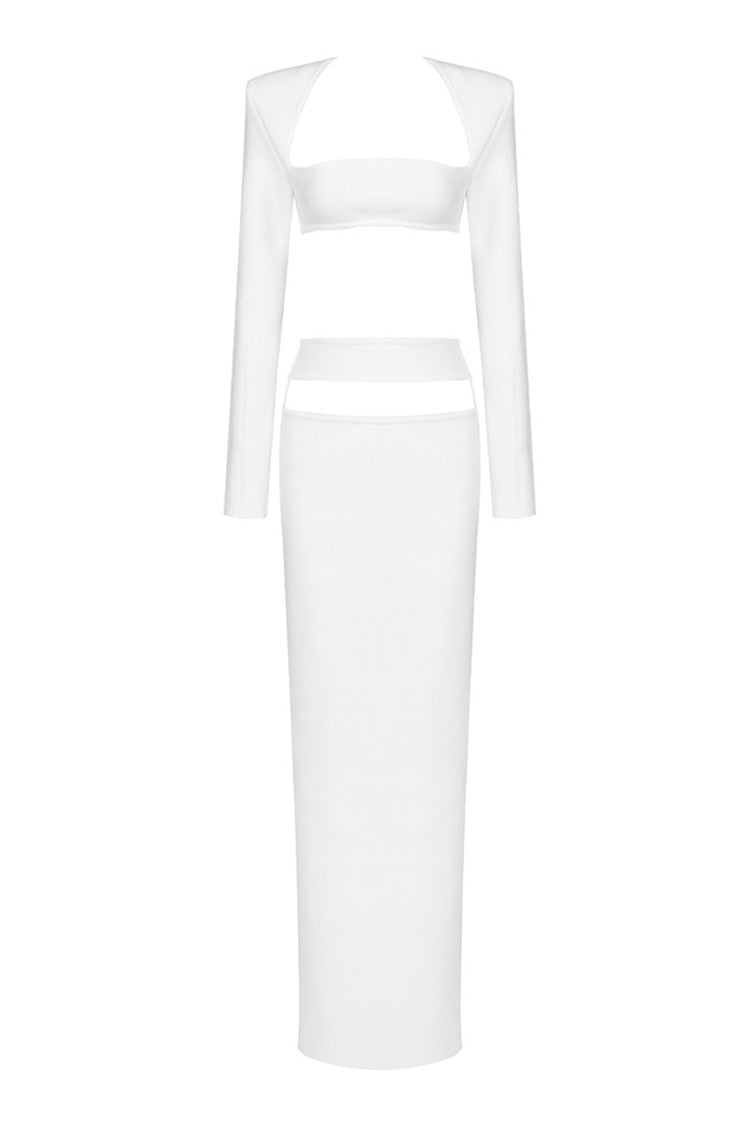 Sexy Long Sleeve Bra Top High Waist Cutout Bandage Two Piece Maxi Dress
