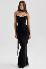 Sexy Mesh Scarf Strapless Crop Corset Ruched Maxi Skirt Two Piece Dress