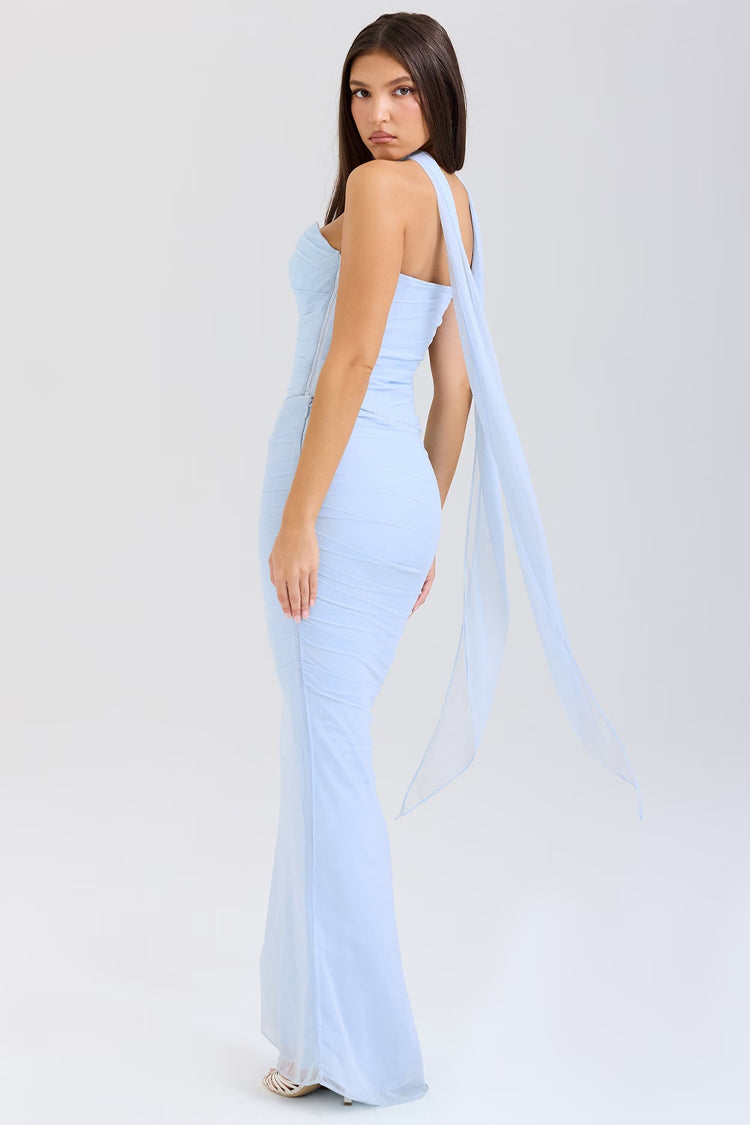 Sexy Mesh Scarf Strapless Crop Corset Ruched Maxi Skirt Two Piece Dress