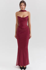 Sexy Mesh Scarf Strapless Crop Corset Ruched Maxi Skirt Two Piece Dress