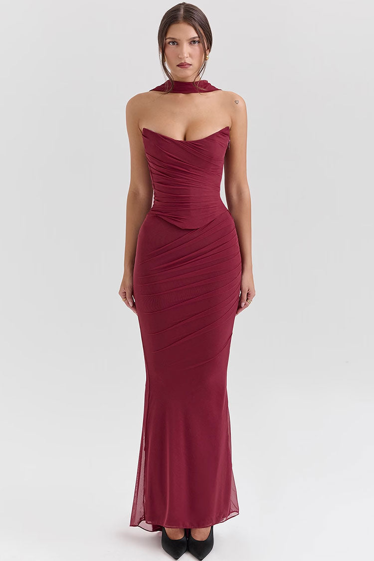 Sexy Mesh Scarf Strapless Crop Corset Ruched Maxi Skirt Two Piece Dress
