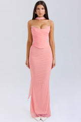 Sexy Mesh Scarf Strapless Crop Corset Ruched Maxi Skirt Two Piece Dress