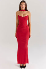 Sexy Mesh Scarf Strapless Crop Corset Ruched Maxi Skirt Two Piece Dress