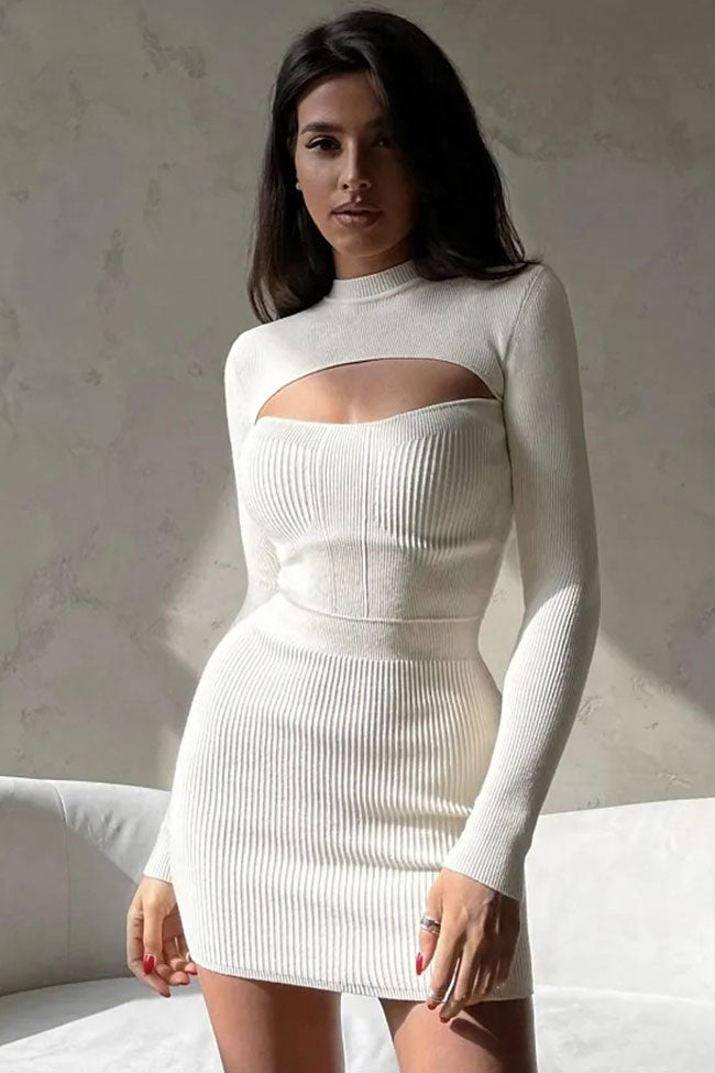 Sexy Mock Neck Cutout Ribbed Knit Long Sleeve Bodycon Sweater Mini Dress - Cream